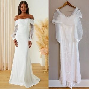 Lulus Blissfully Loved White Satin Organza Off-the-Shoulder Maxi Dress